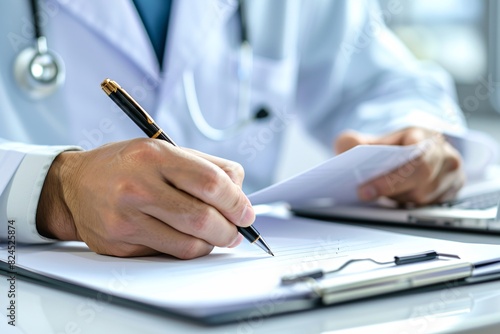 a close-up of a doctor writing on a paper photo