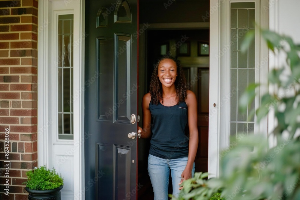 Full body photo of mature African woman welcoming you home with a smile at the front door. Full body photo of mature African woman welcoming you home with a smile at the front door.