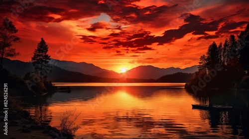 Majestic Sunset Glow: Tranquil Lake with Mountain Silhouette