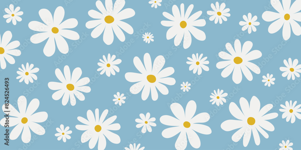 Seamless pattern with white chamomiles on light blue background. Vector floral illustration for textile, print, wallpapers, wrapping. Seamless pattern with white chamomiles on light blue background. Vector floral illustration for textile, print, wallpapers, wrapping.