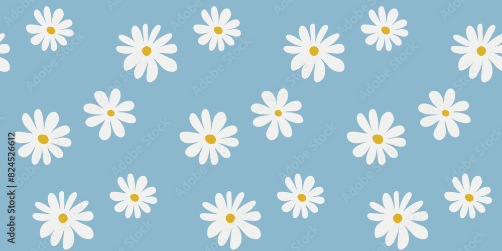 Seamless pattern with white chamomiles on light blue background. Vector floral illustration for textile, print, wallpapers, wrapping. Seamless pattern with white chamomiles on light blue background. Vector floral illustration for textile, print, wallpapers, wrapping.