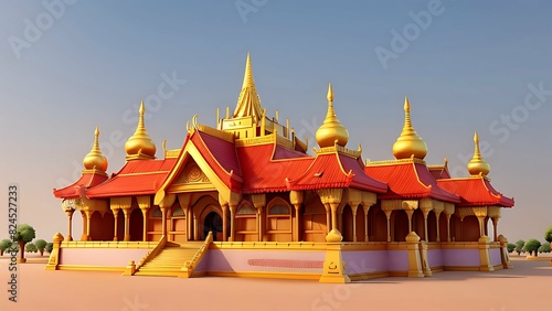 3D render of a golden and red temple with ornate spires under a clear sky, traditional Asian architecture, cultural building