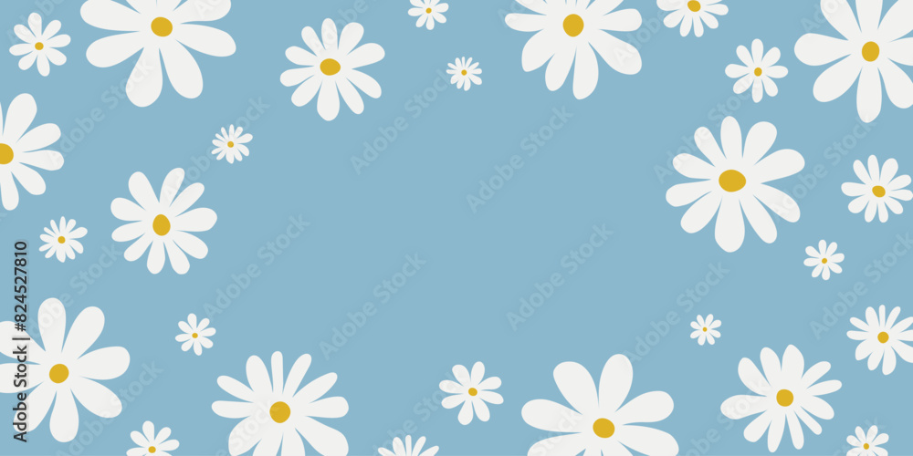 Floral background with white chamomiles on light blue background. cover design ,Vector floral illustration for social media, print, wallpapers, wrapping. Floral background with white chamomiles on light blue background. cover design ,Vector floral illustration for social media, print, wallpapers, wrapping.