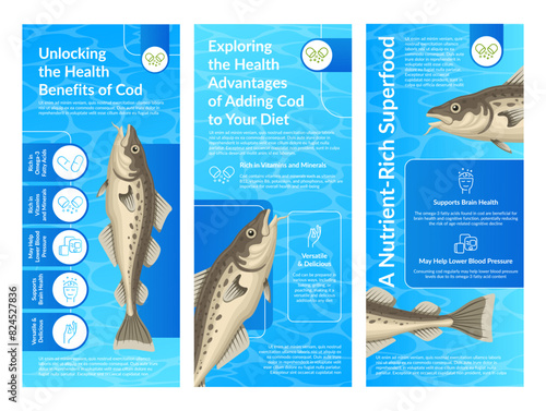 Cod food health benefits dieting superfood poster design template set vector flat illustration