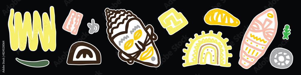 Obraz premium Abstract etnic sticker africa various bright doodle shapes and objects. Hand drawn Vector seamless Pattern. Background, wallpaper, Wrapping, textile template