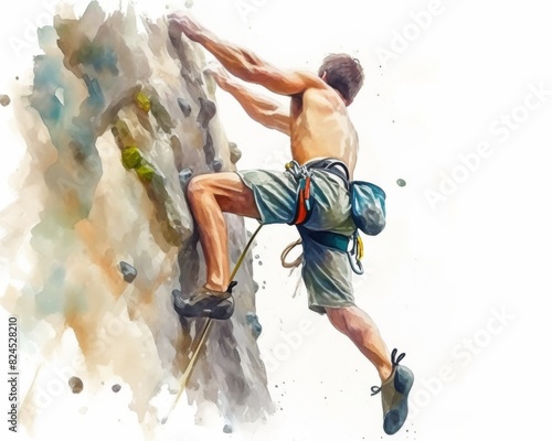 Training in rock climbing. Man in equipment. View from below. Watercolor isolated illustration on white background.