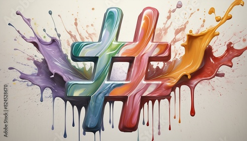 Abstract, hashtag, bright paint splashing creating beautiful flowing and energetic scenes