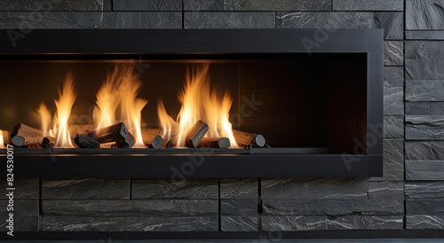 A detailed close-up of a modern fireplace  with smooth  dark stone tiles and a linear flame casting a cozy  inviting light.  