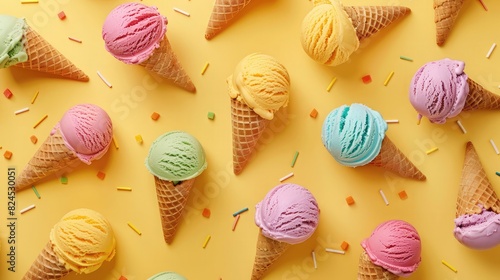 Ice cream in cones in pastel colors isolated on yellow background, Flat lay, Horizontal ,Assortment Of Colorful Ice Cream Scoops In A Top-Down View, Collection Of Ice Cream With Various Flavors 
