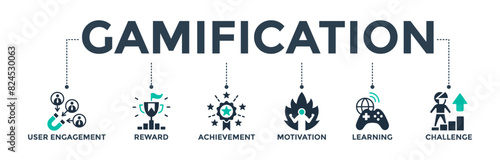 Gamification banner web icon vector illustration concept with icon of user engagement, reward, achievement, motivation, learning, and challenge