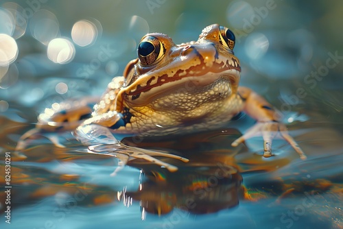 Rich Frog Leaping Towards Shimmering Water in Golden Morning Light.