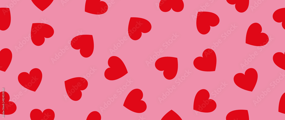 Flat illustration. Seamless minimalistic pattern on a pink background with red hearts. Ideal for textile design, screensavers, covers, cards, invitations and posters...