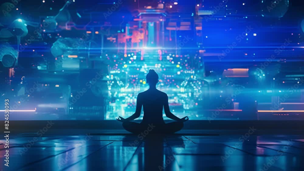 A person sitting meditating in front of a large screen with different colors and patterns flashing on it.. A person sitting meditating in front of a large screen with different colors and patterns flashing on it..