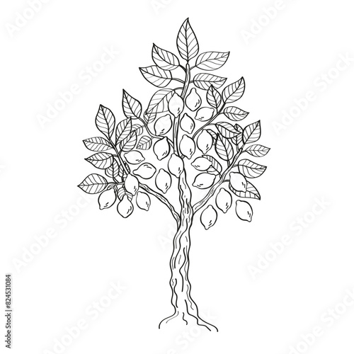 Lemon tree engraved ink sketch on isolated background. Hand drawn citron lime, Italy plant with leaf, fruit. Decorative vector illustration for logo, sign, print, paper, card, label, poster, wrapping