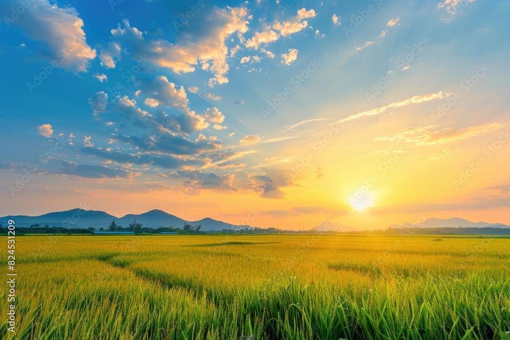 Environment. Beautiful Asian Country Agriculture Harvest Landscape with Green Cornfield and Sunset Sky