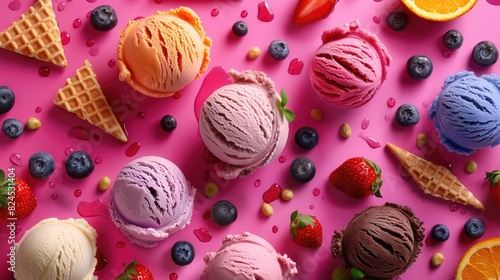 Summer dessert, ice cream in balls in bowls and waffle cones with different flavors on a bright modern background ,Assorted tasty ice cream scoop in ceramic bowl with berries and fruits