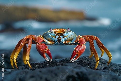 Red crab on black rock in the ocean, high quality, high resolution