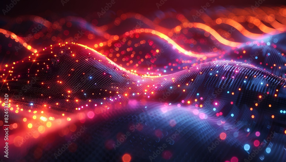 Abstract digital landscape with glowing data points and colorful sound waves on dark background, symbolizing big data technology for business or science concepts Abstract digital landscape with glowing data points and colorful sound waves on dark background, symbolizing big data technology for business or science concepts