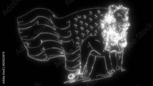 white silhouette of lion face with a usa flag face on black background photo