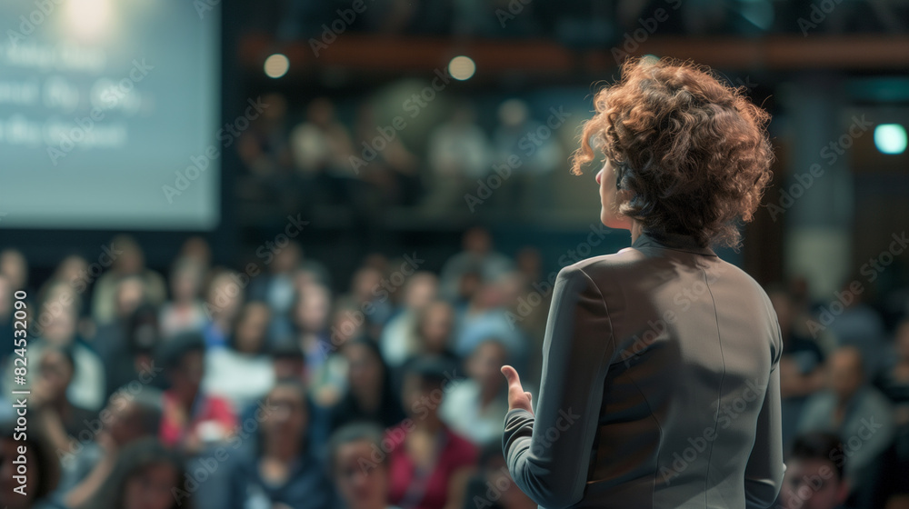 A businesswoman speaking at a conference in a well-lit auditorium filled with an audience A businesswoman speaking at a conference in a well-lit auditorium filled with an audience