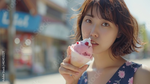 Lonely beautiful woman eating cold shaved ice Summer magenta in Japan