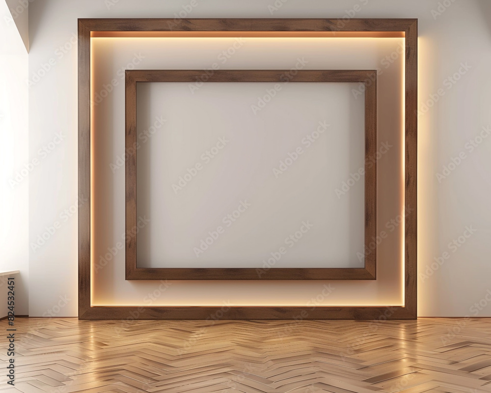 Minimalist wooden frame with a chocolate brown light border in a modern room with wooden flooring. Minimalist wooden frame with a chocolate brown light border in a modern room with wooden flooring.