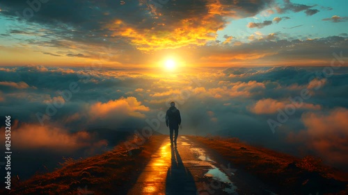 a man walking alone on a hilly road, a beautiful view of the clouds in the afternoon photo