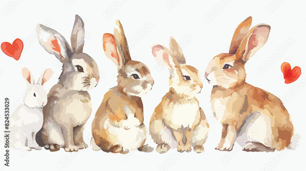 Watercolor Illustration. Four of cute couple rabbit.