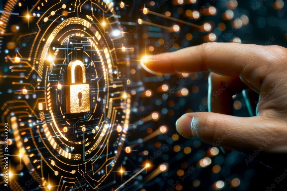 Digital lock security interface with hand interaction, glowing tech circuitry, data protection and cyber defense concept Digital lock security interface with hand interaction, glowing tech circuitry, data protection and cyber defense concept