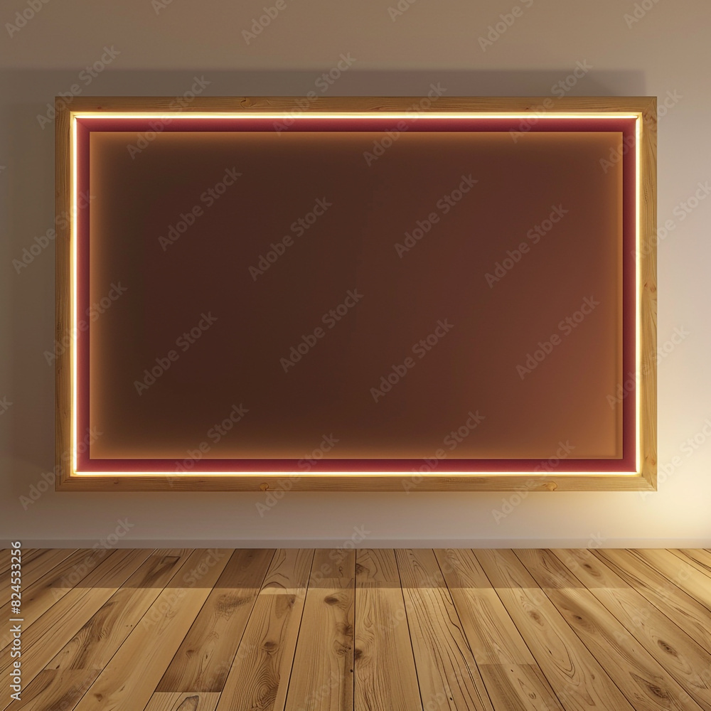 Sleek design wooden frame with a burgundy light border in a minimalist room with wooden floor. Sleek design wooden frame with a burgundy light border in a minimalist room with wooden floor.