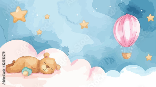 Watercolor illustration baby bear sleeps on cloud wit