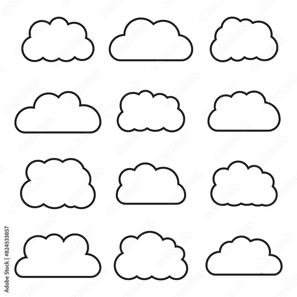 Flat illustration. Clouds in a black outline isolated on a white background. Ideal for textile design, stickers and more... Flat illustration. Clouds in a black outline isolated on a white background. Ideal for textile design, stickers and more...