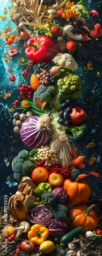 Showcase a unique design from a worms-eye view perspective, illustrating the correlation between nutrition and well-being Incorporate vibrant colors and intricate details to captivate Showcase a unique design from a worms-eye view perspective, illustrating the correlation between nutrition and well-being Incorporate vibrant colors and intricate details to captivate