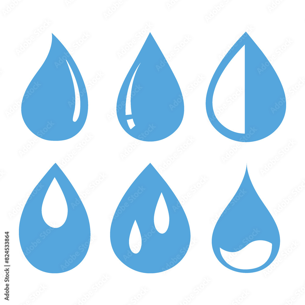 Flat icon. Blue water drop drawing or drop drop icon. A collection of six figures. Suitable for logos, badges, textile design and more... Flat icon. Blue water drop drawing or drop drop icon. A collection of six figures. Suitable for logos, badges, textile design and more...