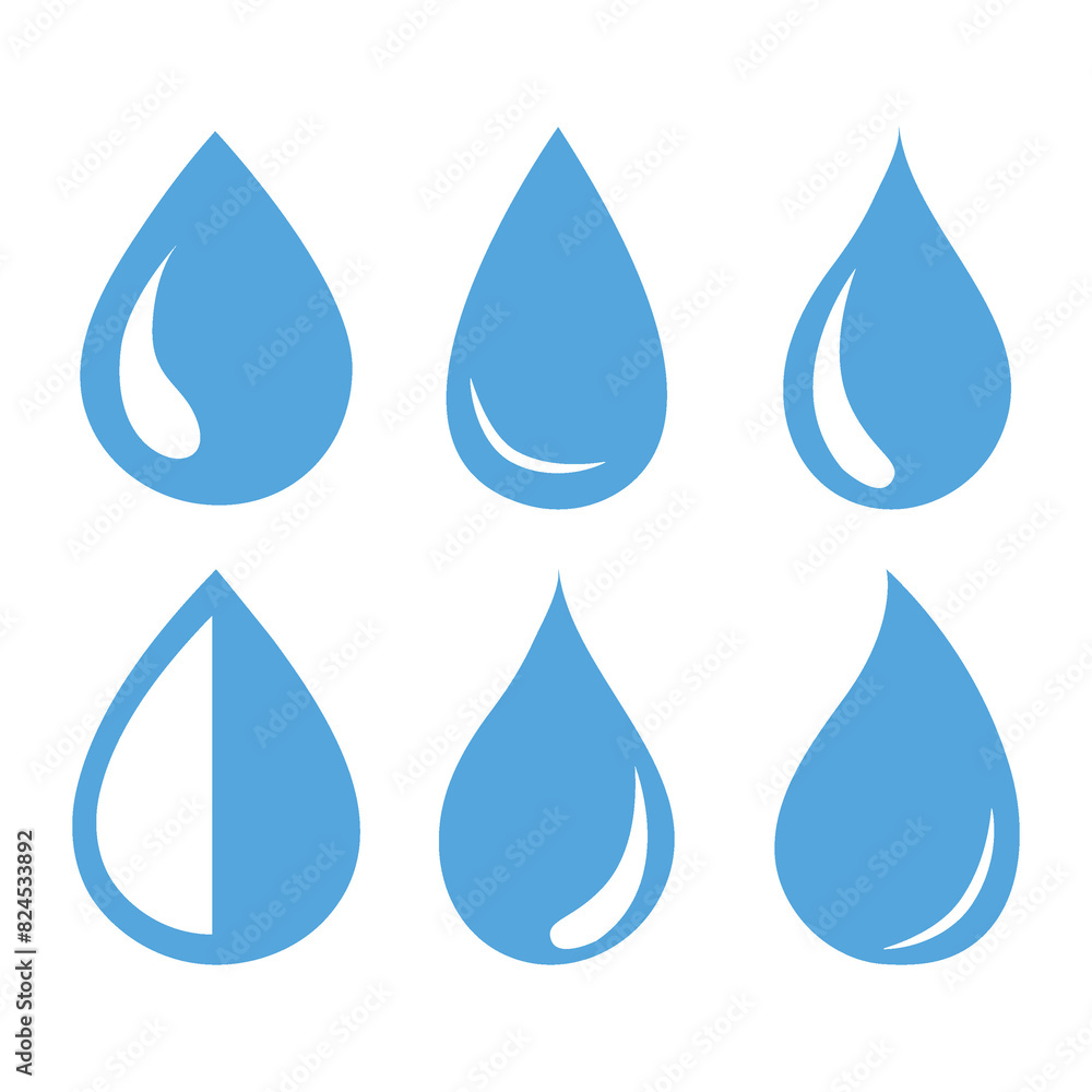 Flat icon. Blue water drop drawing or drop drop icon. A collection of six figures. Suitable for logos, badges, textile design and more... Flat icon. Blue water drop drawing or drop drop icon. A collection of six figures. Suitable for logos, badges, textile design and more...