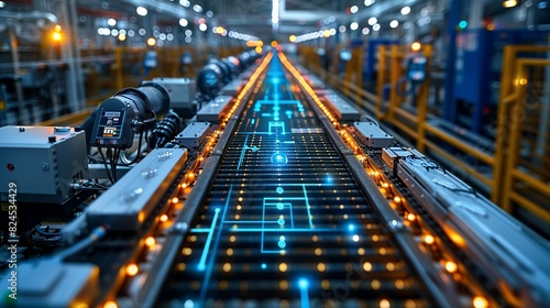 Industrial Innovation A factory with IoT sensors and data analytics displays, emphasizing the role of smart technology in industrial efficiency. Realistic Photo,