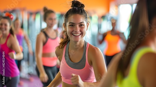 Energetic Young Woman with a Smile Participating in a Group Fitness Class