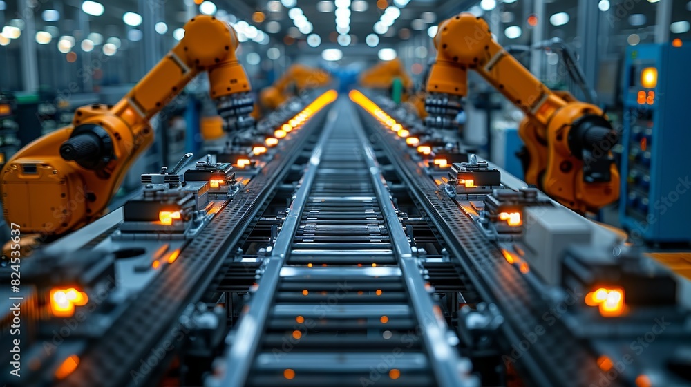 Industrial Innovation A high-tech assembly line with automated systems, representing the evolution of industrial processes through innovation. Realistic Photo, Industrial Innovation A high-tech assembly line with automated systems, representing the evolution of industrial processes through innovation. Realistic Photo,