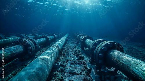Natural gas pipeline is laid under water on the seabed. Gas pipes oil energy. Underwater view