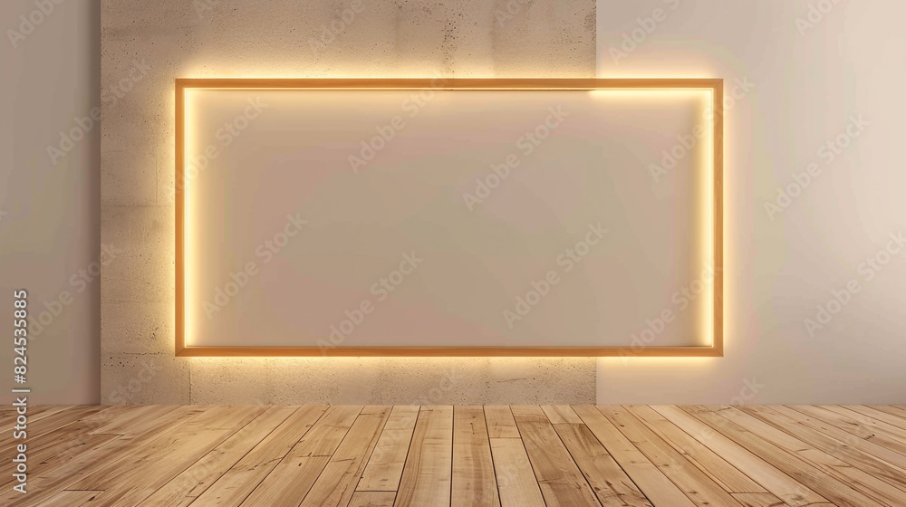 Modern 3D wooden frame with a gold light border in a minimalist room with wooden flooring. Modern 3D wooden frame with a gold light border in a minimalist room with wooden flooring.