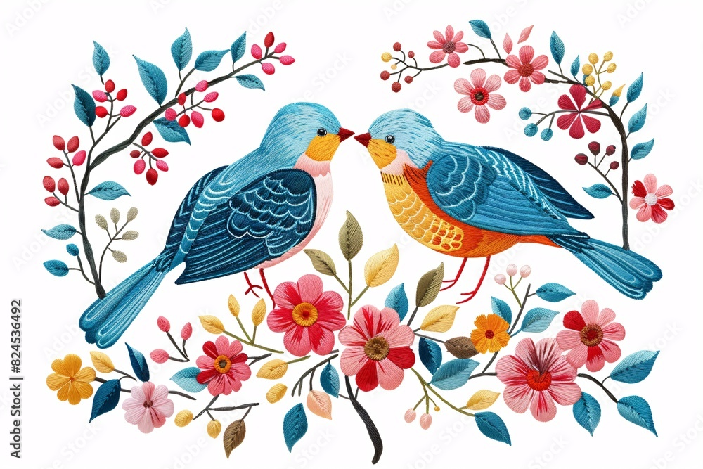 two birds kissing on a branch with flowers
