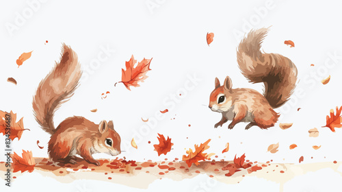 Watercolor Illustration cute autumn squirrels 