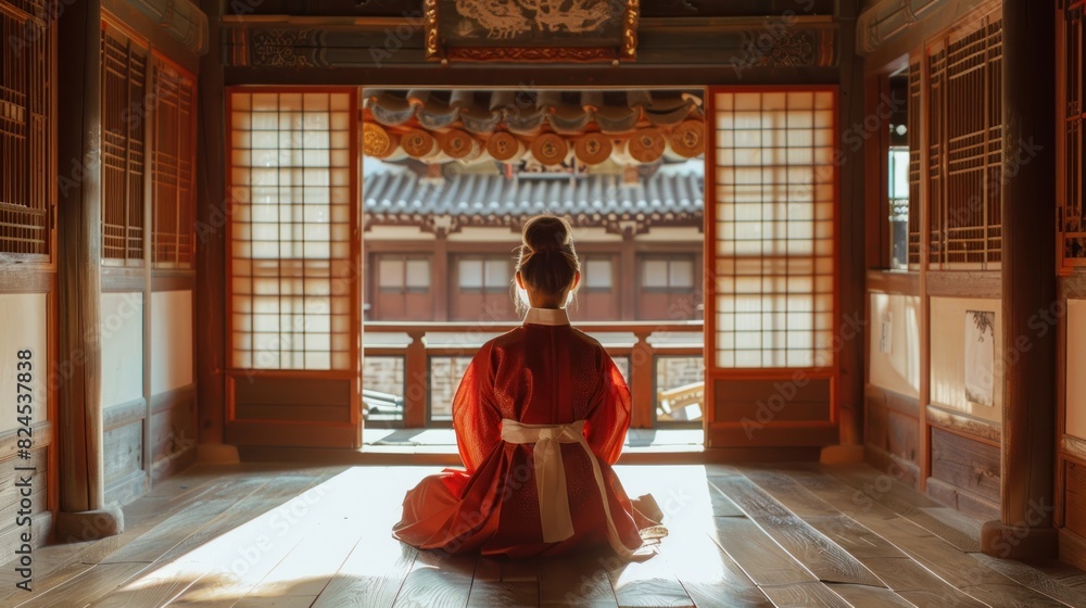 Rear view of a person sitting in a hanbok standing in the hall of a house taking a selfie.