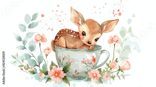 Watercolor Illustration Cute baby deer in cup of flower © Geforce