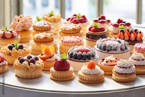 French pastries elegantly arranged in a patisserie display.
