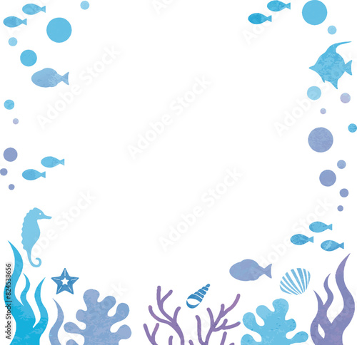 夏　海　シルエット　フレーム　飾り　あしらい　水彩　コピースペース　背景　イラスト素材