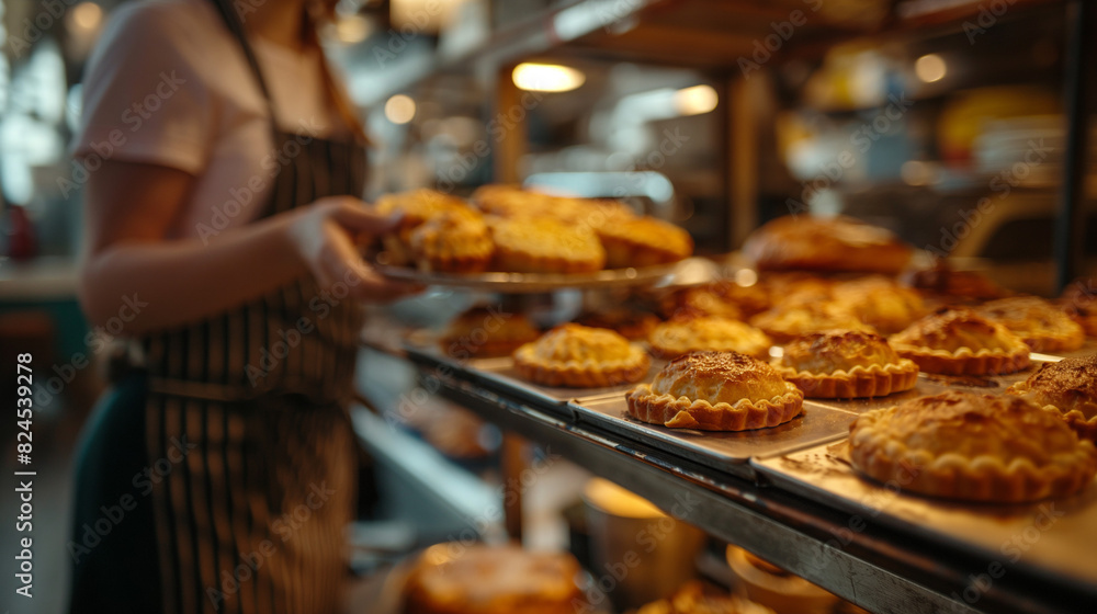 Obraz premium A woman looking at pies in a display case