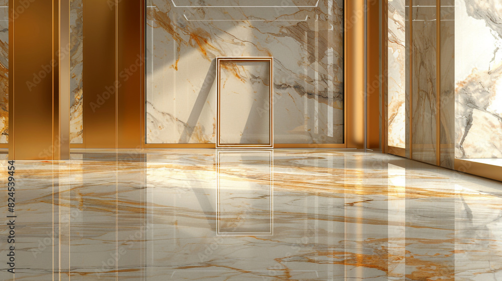 Gallery featuring a 3D empty frame on a polished Calacatta Gold marble floor.