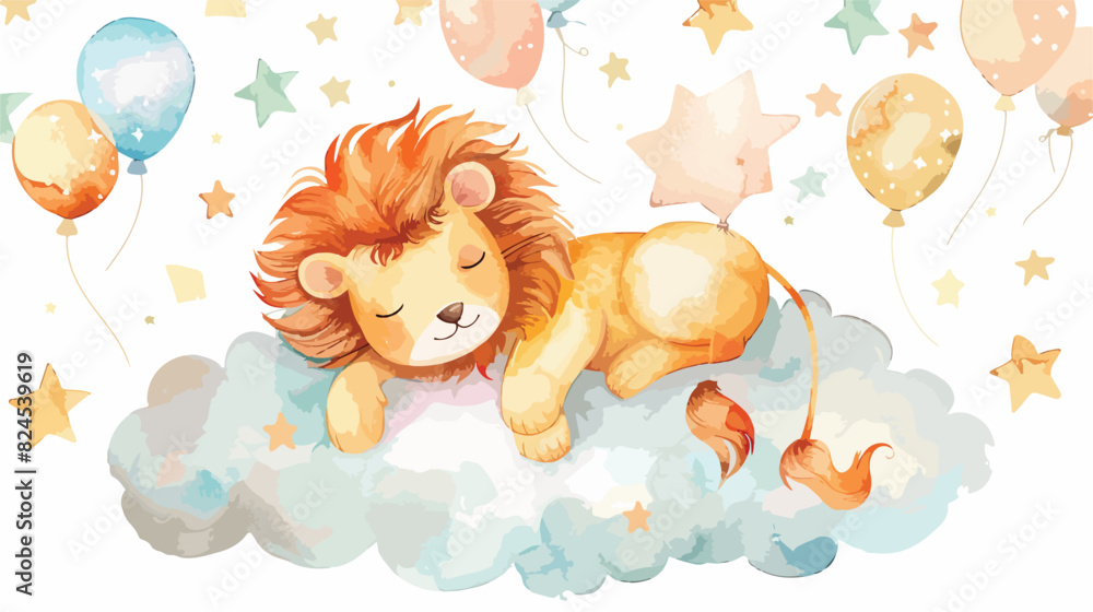 Watercolor illustration cute lion sleeps on cloud