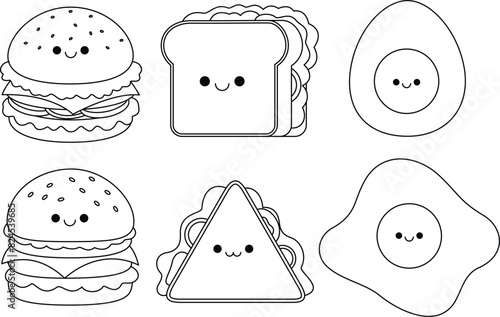 Set of sandwich, fried eggs and hamburger cartoon character coloring page for kids. Summer, fastfood and drink vector illustration